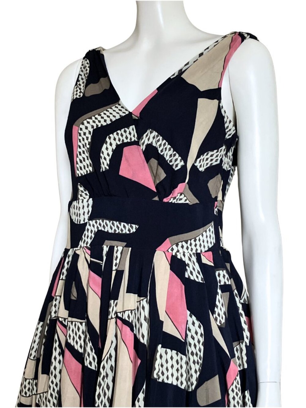 Aryeh Navy Geometric Print Fit & Flare Midi Dress. Medium. Retro Twee Bauhaus - Picture 7 of 11